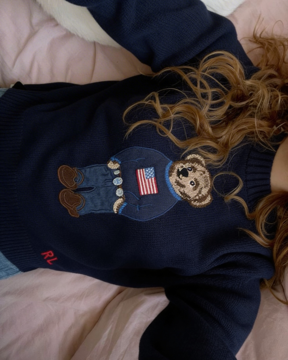 Girl wearing ralph teddy sweater giving coquette aesthetic