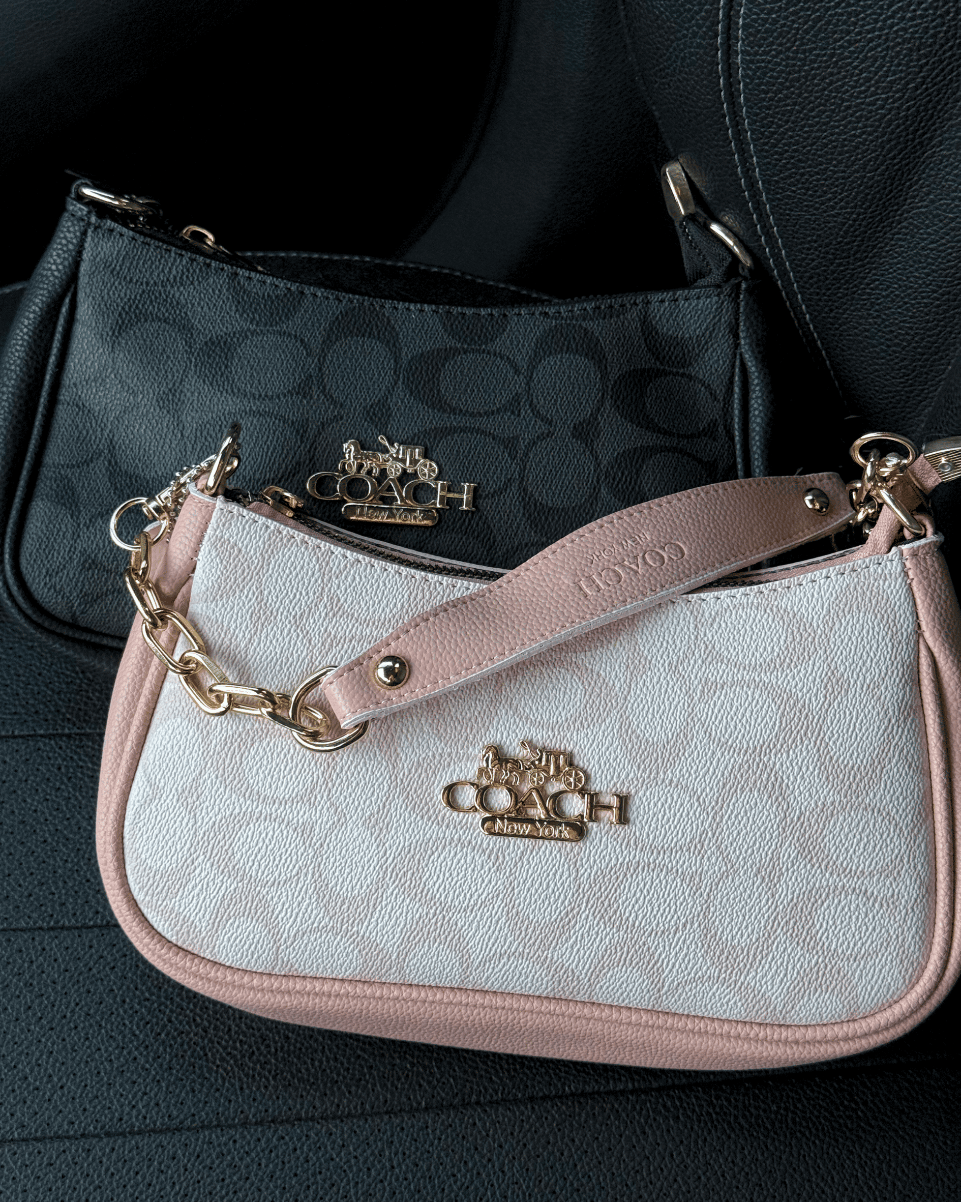 Pink monogram baguette bag hanging in a car, luxury it-girl lifestyle
photography.