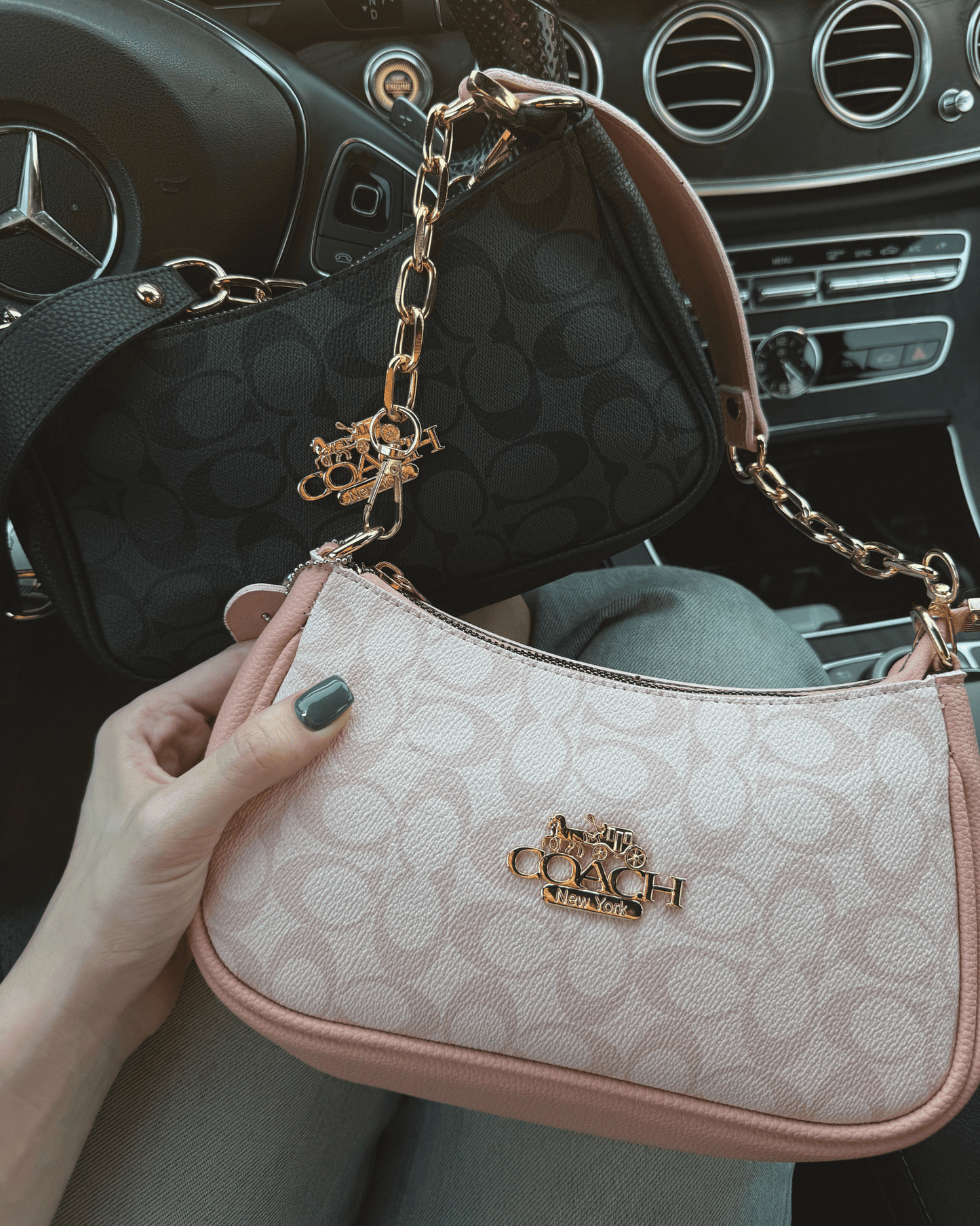  Pink and black monogram baguette bags styled together for a coquette
shop aesthetic.