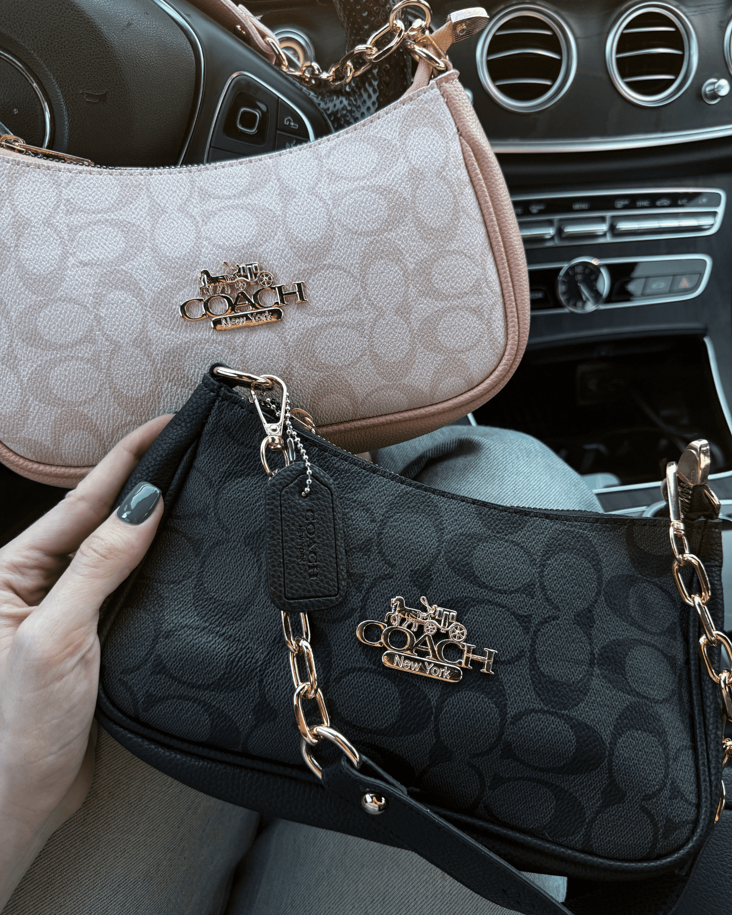 Black monogram baguette bag styled in a luxury car interior for a highend "it-girl" vibe.
