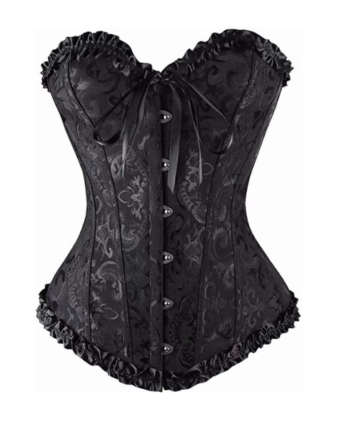 Front view of a black mesh boned corset top with lace trim, perfect for a Dark Angel Halloween costume at Shop Angelic Lebanon.