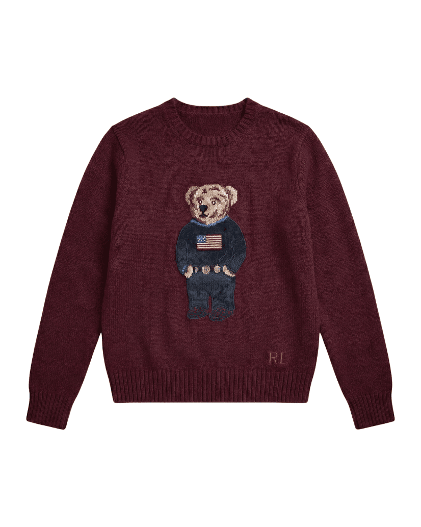 Bordeaux red teddy bear sweater inspired by Ralph Lauren, old money aesthetic Lebanon