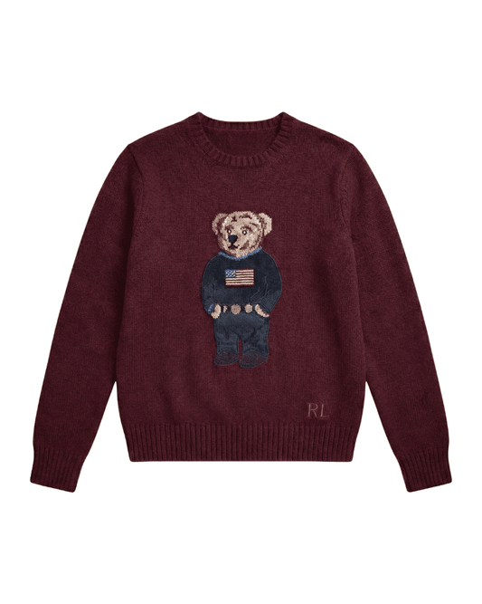 Bordeaux red teddy bear sweater inspired by Ralph Lauren, old money aesthetic Lebanon