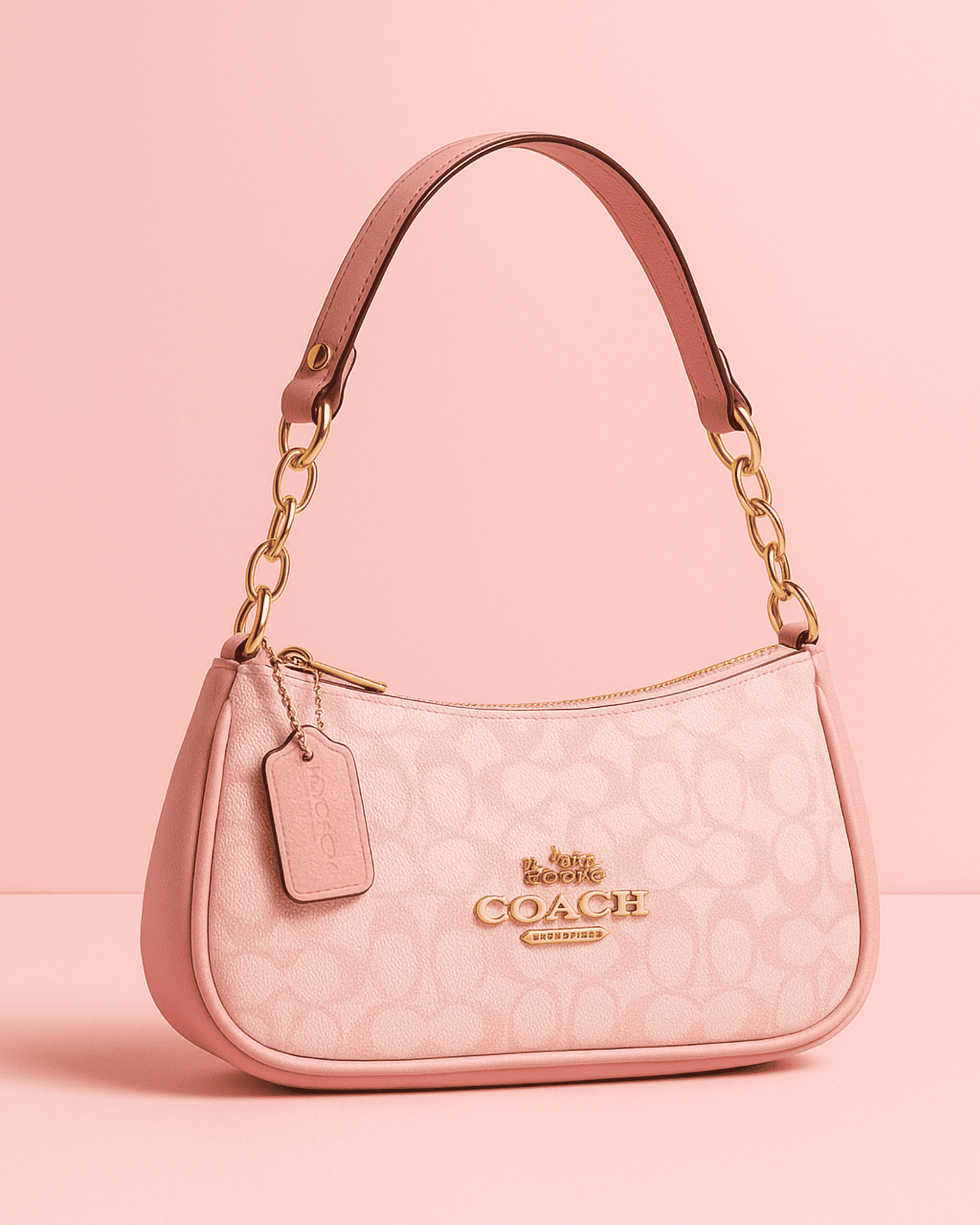 Coche Baguette Bag in pink monogram with gold chain handle and Coach-inspired aesthetic.