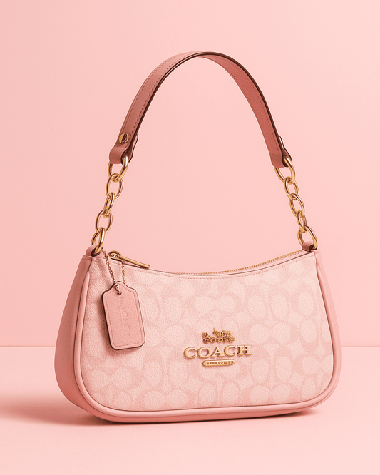 Coche Baguette Bag in pink monogram with gold chain handle and Coach-inspired aesthetic.