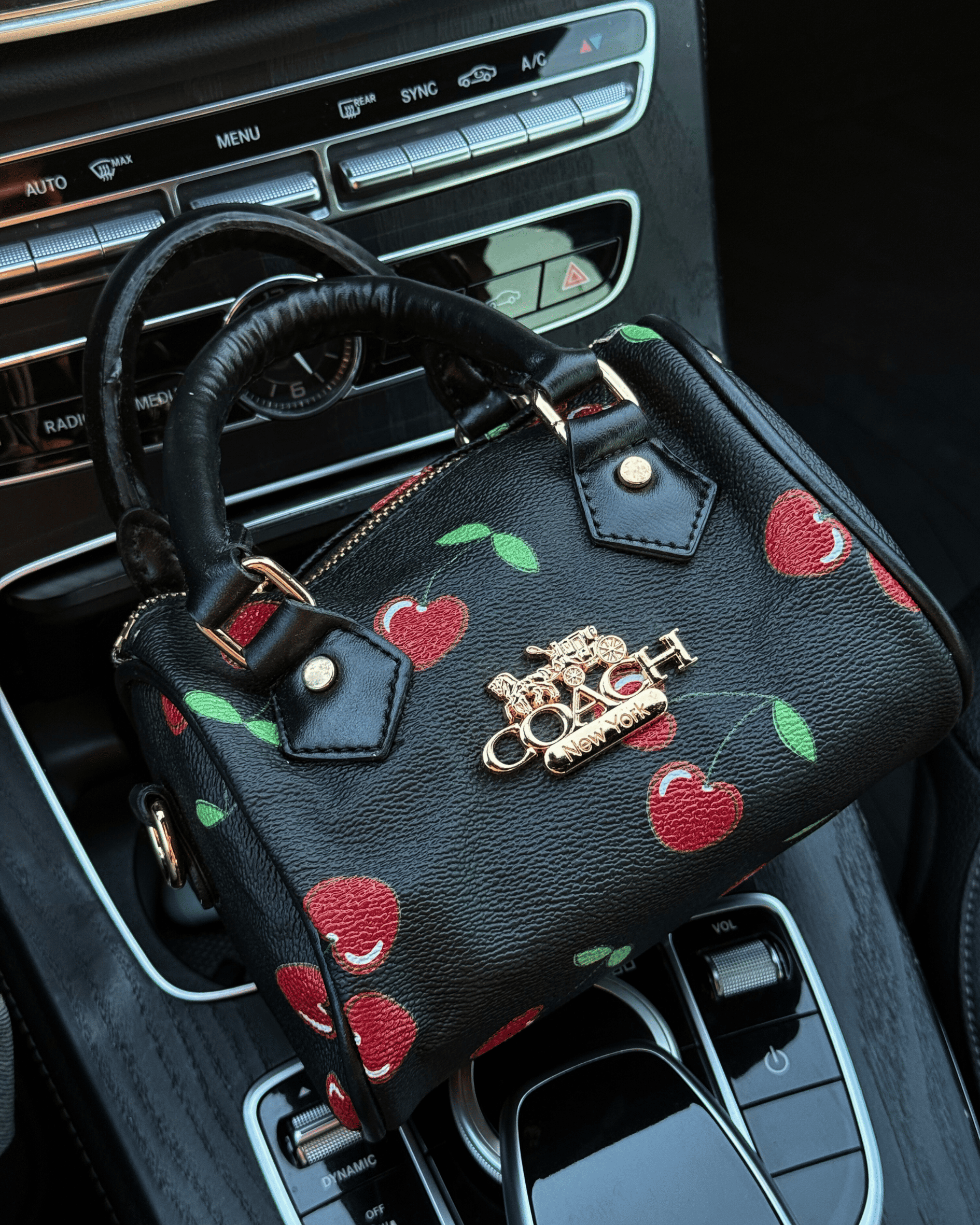 Black cherry print mini bag styled in a car, perfect for a high-end "it-girl" aesthetic.