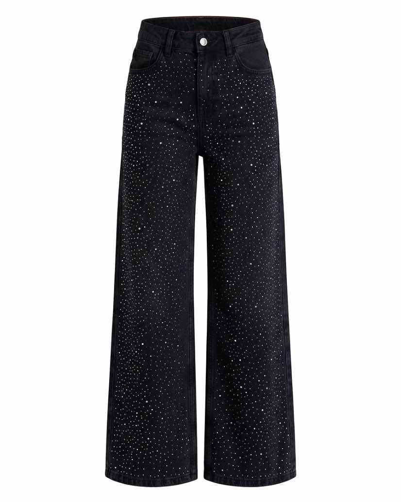 Front view of high-waisted, wide-leg washed black denim jeans covered in all-over sparkly rhinestone embellishments against a white background.
