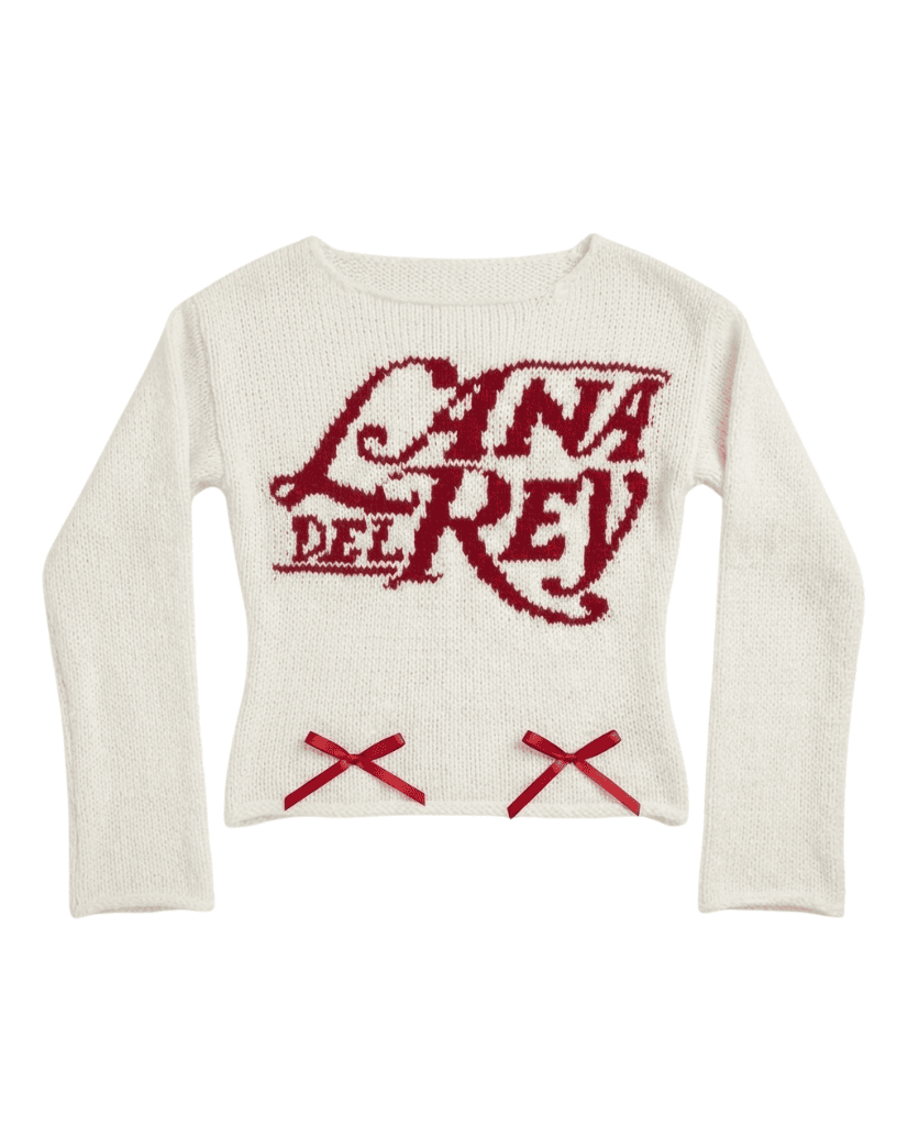  Flat lay of the Lana del ray Ribbon Knit sweater, the ultimate it-girl staple for winter.