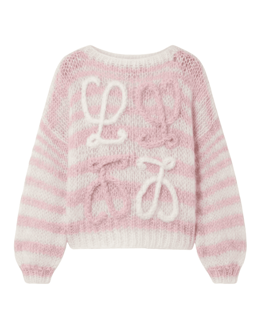 Shop Angelic Loewe Knit in Blush Pink, a soft pink and white striped openknit sweater with white artisan scroll embroidery.