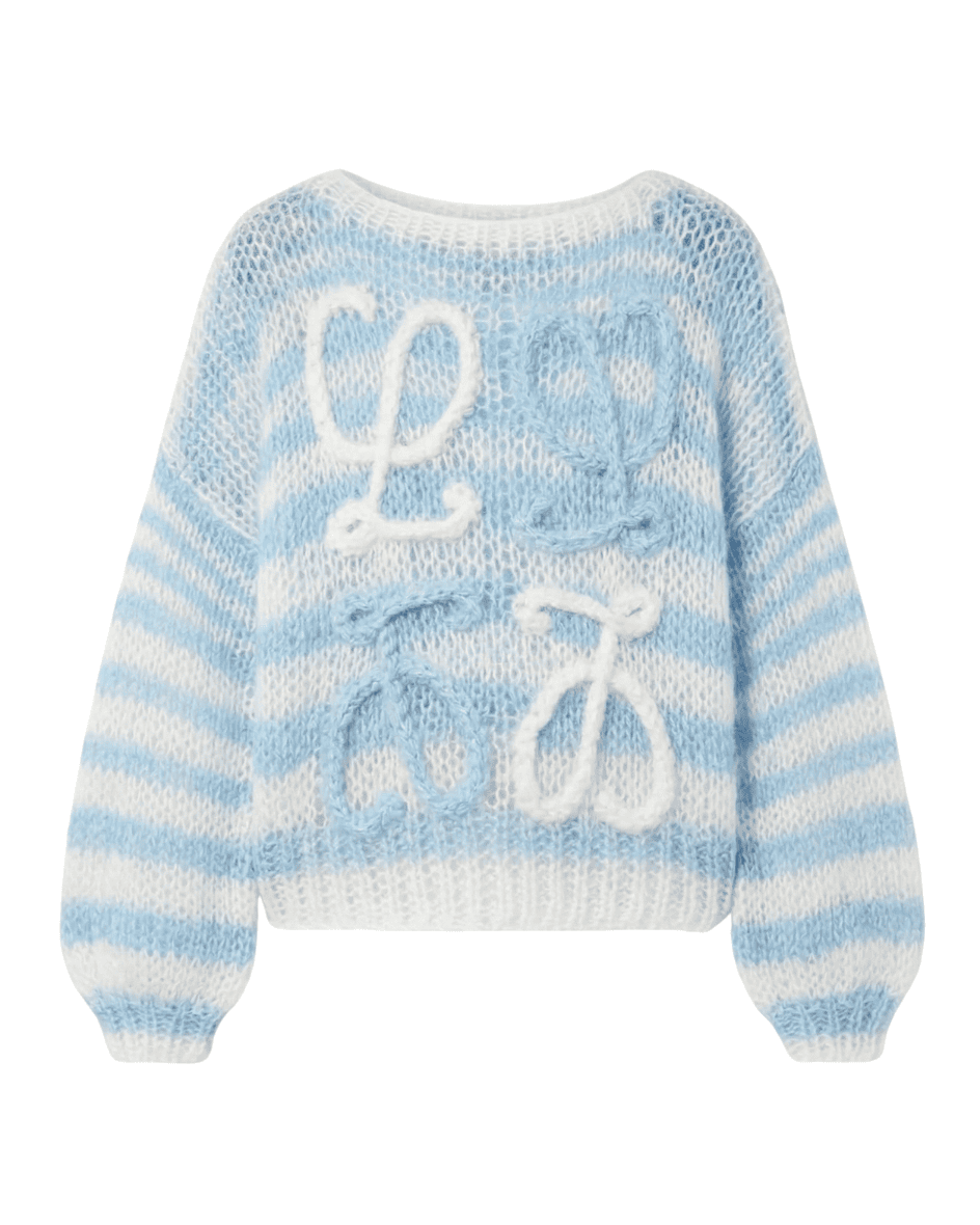  Shop Angelic Loewe Knit in Ciel Blue, a light blue and white striped airy knit with white scroll motifs.