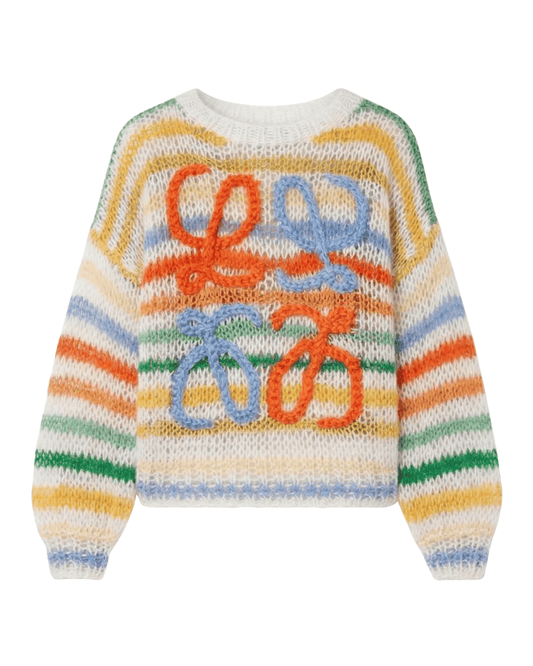 Shop Angelic Loewe Knit in Confetti, a vibrant rainbow striped sweater with
colorful artisan scroll embroidery.