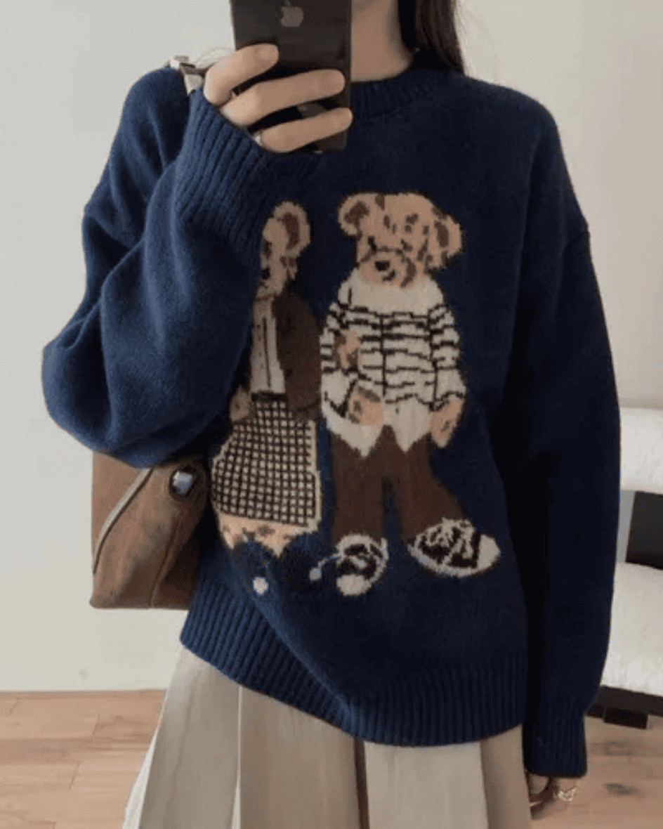 Private school aesthetic look featuring the midnight navy double bear sweater in Lebanon.