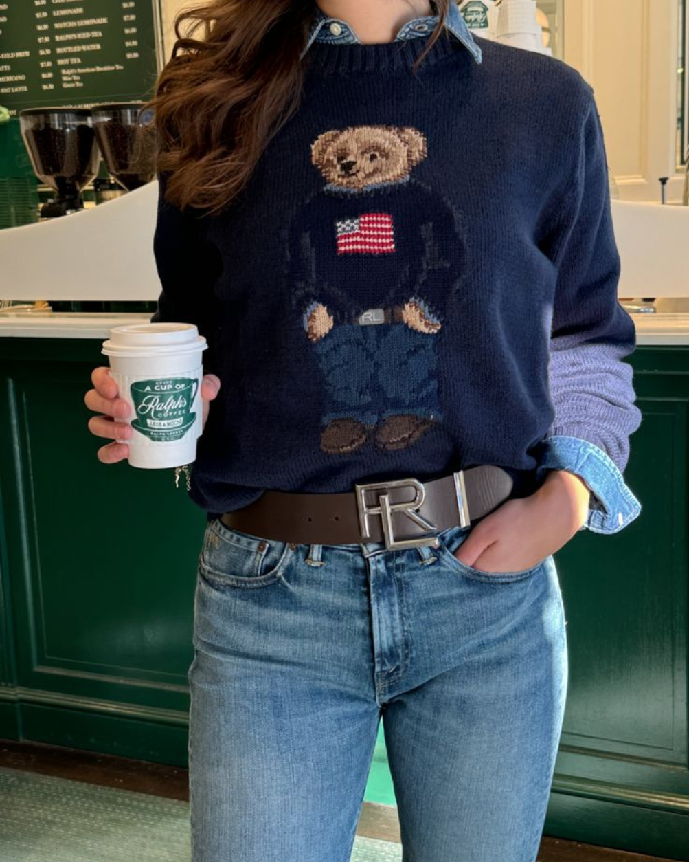 POV wearing the navy teddy bear sweater for a cozy library date aesthetic in Lebanon