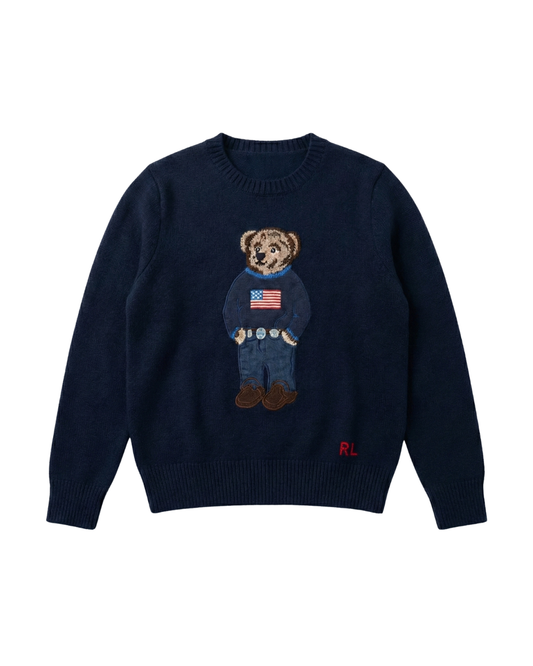 Oxford navy teddy bear sweater with
flag embroidery, Ralph Lauren style
academic fashion Lebanon.