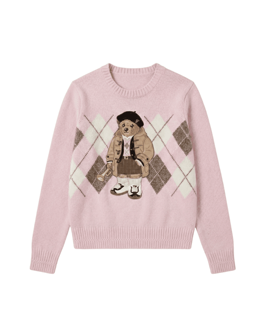 Bubblegum pink teddy bear sweater with trumpet bear, Ralph Lauren style coquette fashion Lebanon.