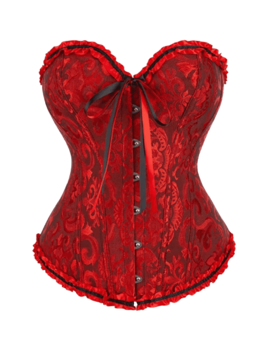 red corset top with vibrant red rose floral print and delicate black lace trim, perfect for a romantic vampire Halloween look