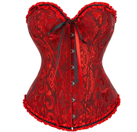red corset top with vibrant red rose floral print and delicate black lace trim, perfect for a romantic vampire Halloween look