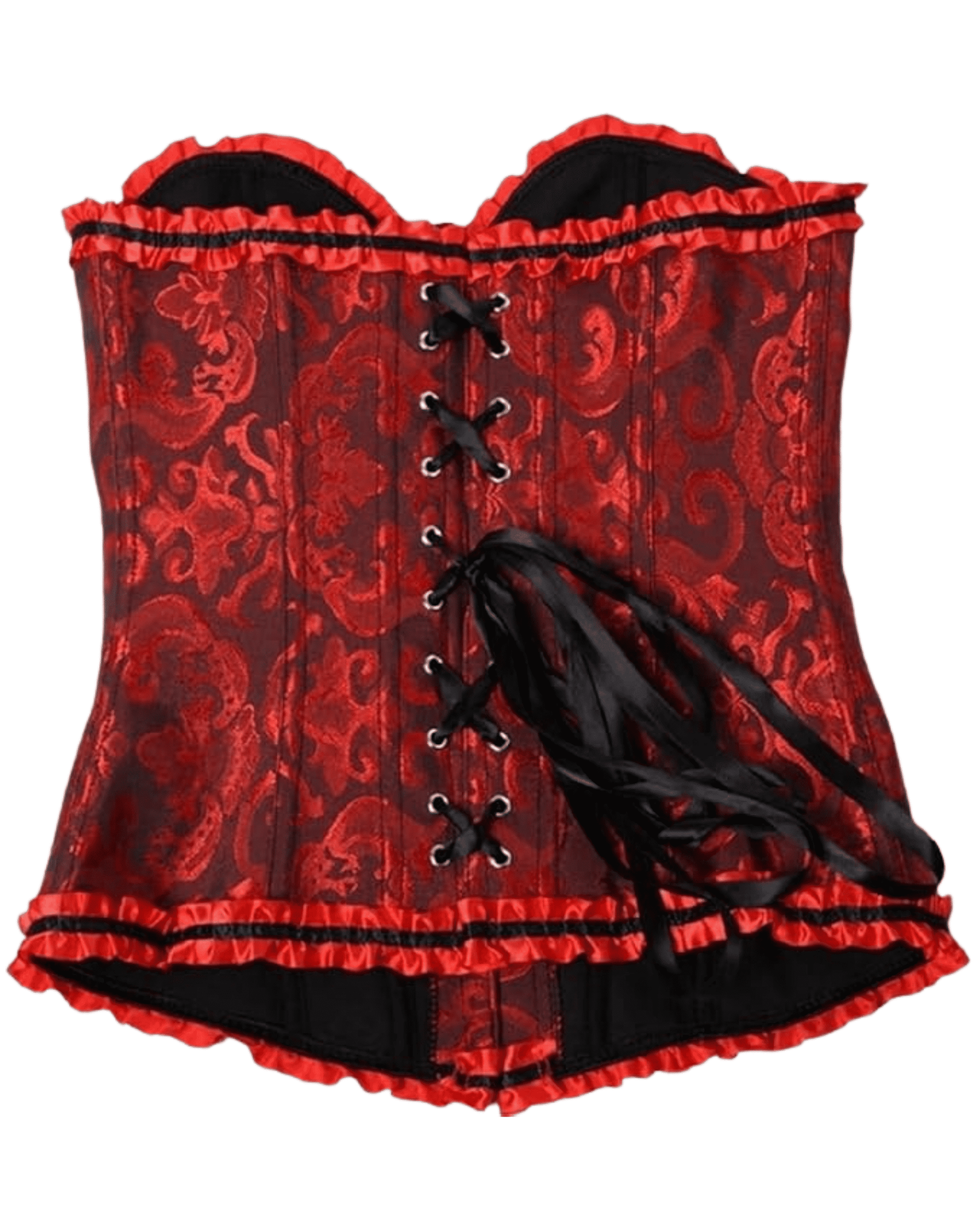 Flat lay of a white corset top featuring a romantic red rose floral print and delicate white lace trim, perfect for a vampire-inspired Halloween outfit.