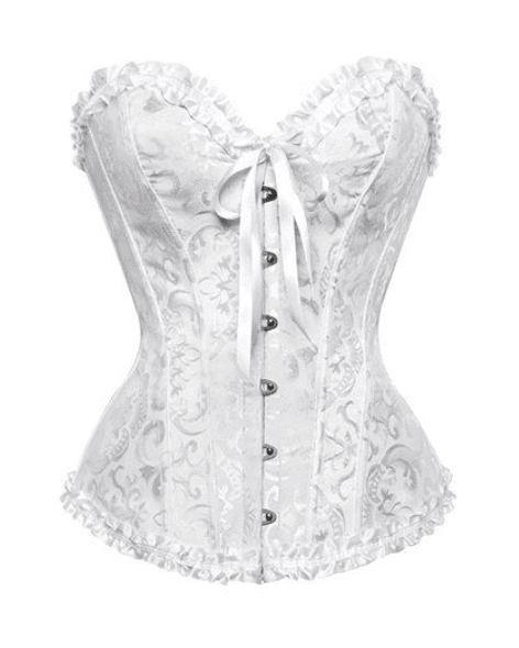 White lace corset top with dainty ribbon straps, perfect for an Angel Halloween costume or coquette aesthetic.