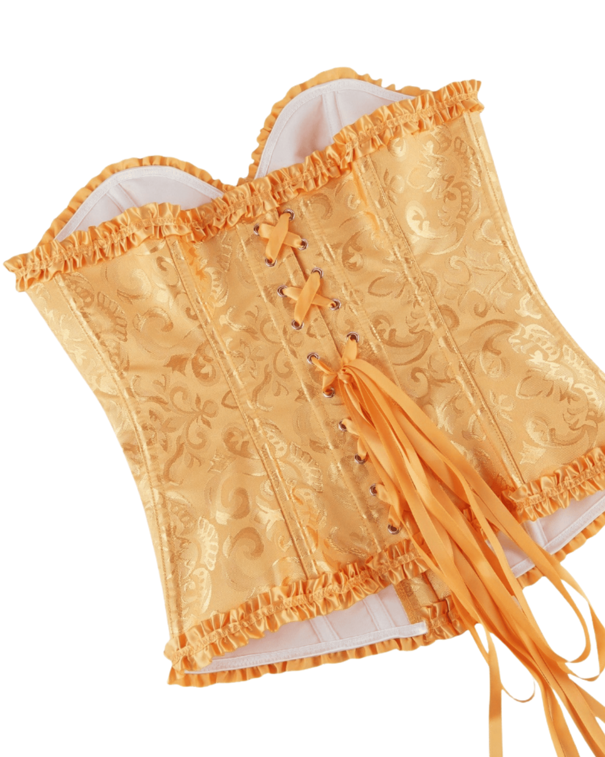 Back view of the pale yellow floral corset showing the adjustable lace-up ribbon detail for a cinched, flattering fit.