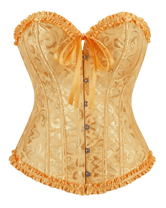  Pale yellow floral corset top with red roses and white lace trim, perfect
for a modern Belle Disney Princess Halloween costume.